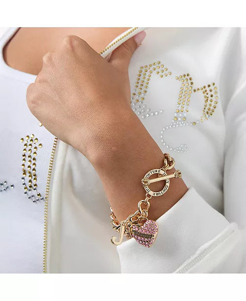 JUICY COUTURE Pink Pave Heart Toggle Bracelet, Gold Tone Curb Chain