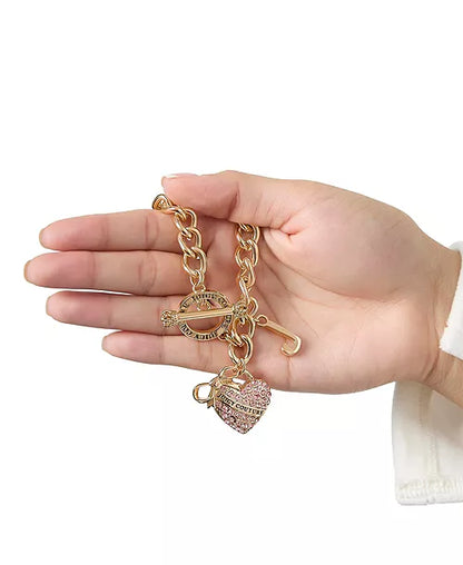 JUICY COUTURE Pink Pave Heart Toggle Bracelet, Gold Tone Curb Chain