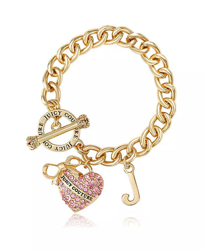 JUICY COUTURE Pink Pave Heart Toggle Bracelet, Gold Tone Curb Chain